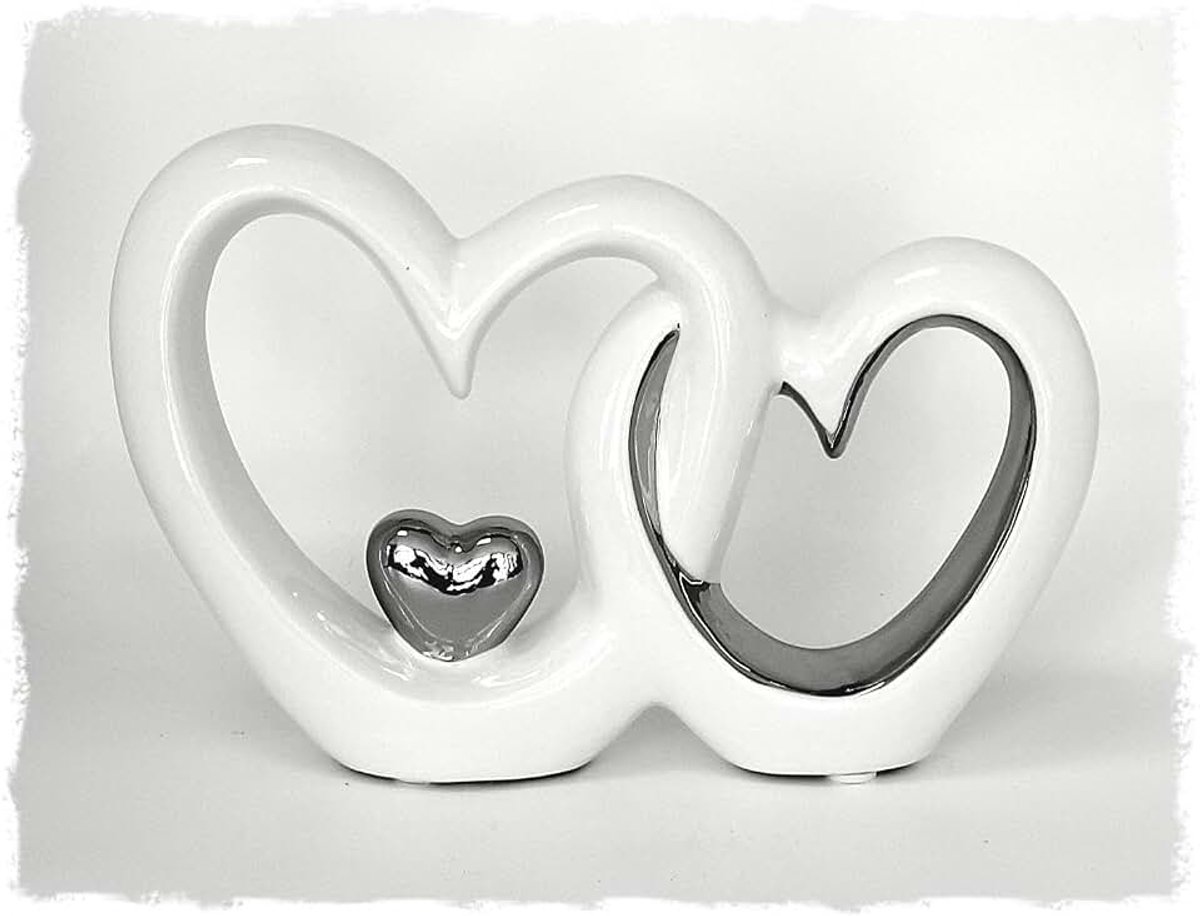 Dubbel hart paar, 13 x 19 cm, keramiek gelakt wit zilver chroom, hartje hartje hartje magneet decoratief hart modern