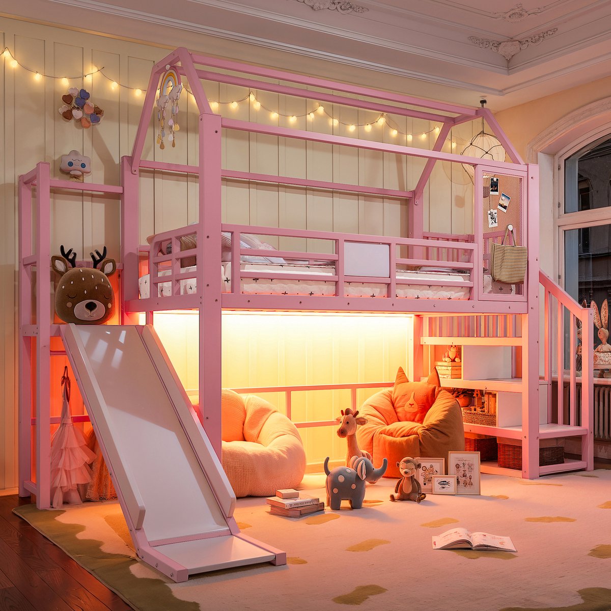 Kinderbed, Roze metaal hoogslaper huisvorm voor kinderen met glijbaan, trap, opbergruimte & Bluetooth-gestuurde LED-verlichting, getest volgens EN 747, matrasmaat 90 x 200 cm