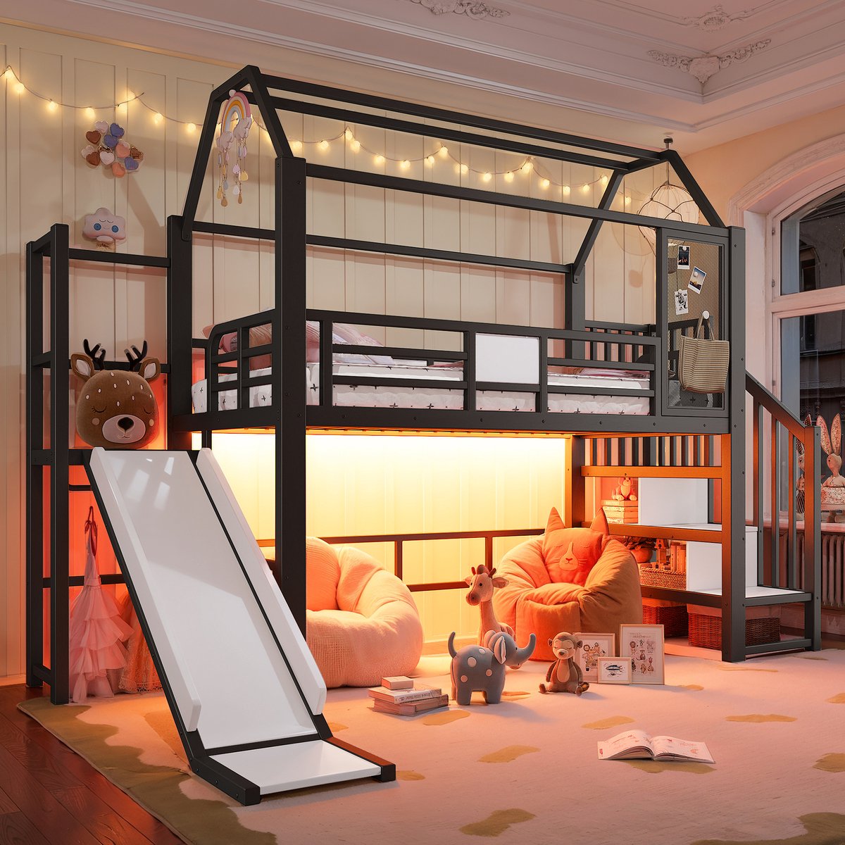 Kinderbed, Zwart metaal hoogslaper huisvorm voor kinderen met glijbaan, trap, opbergruimte & Bluetooth-gestuurde LED-verlichting, getest volgens EN 747, matrasmaat 90 x 200 cm