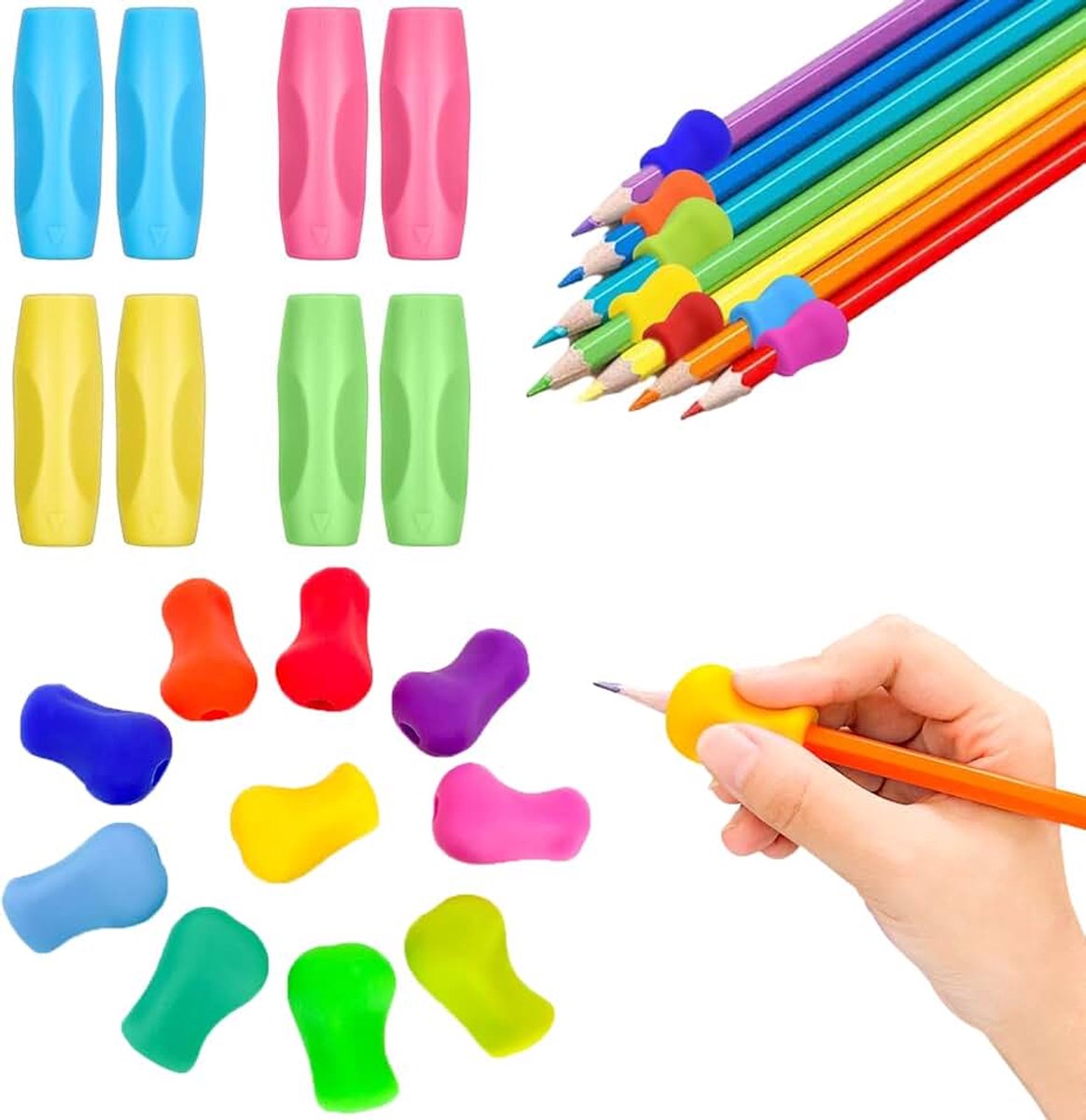 18 stuks schrijfhulp, siliconen, penhouder, hulpmiddel, ergonomische schrijfhulp, scholieren, potloden, handgrepen, greephouder voor kleuterschool, volwassenen, rechttjes of leefties (10