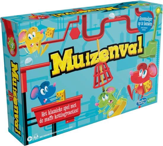 Doos van het spel Muizenval met vrolijk gekleurde muizen en een valluik.