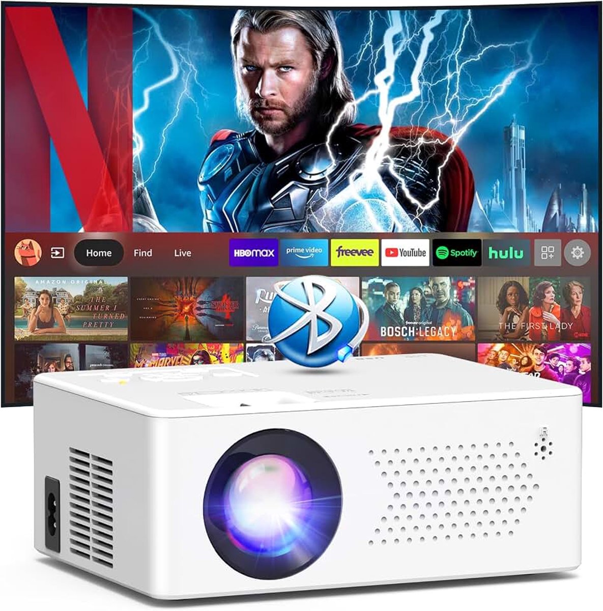 Beamer met Android, mini-beamer WiFi6 Bluetooth5.2 Full HD 1080P draagbare outdoor/thuisbioscoopprojector, 50% zoom 200 inch display, compatibel met stick/HDMI/smartphone/spelconsole