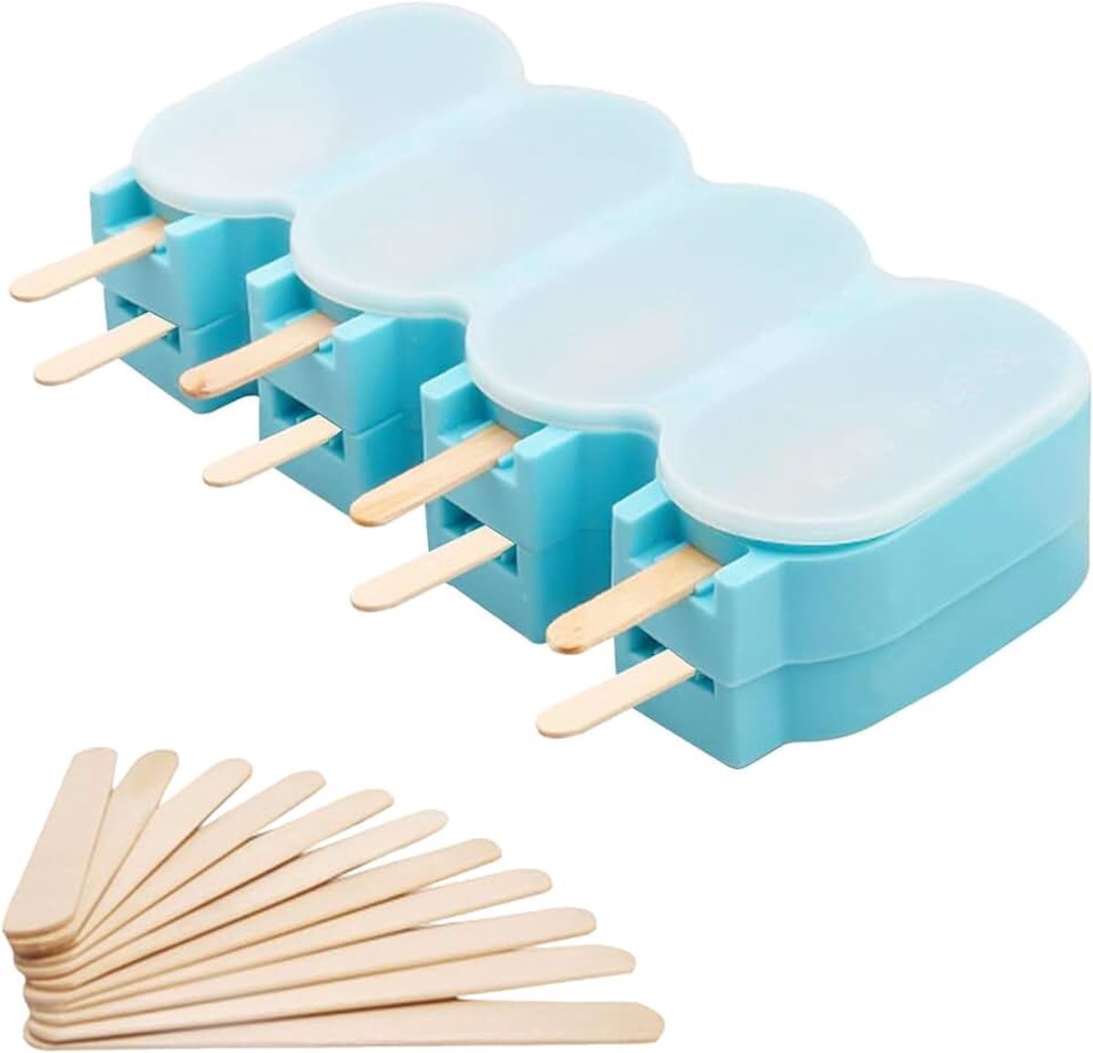 Siliconen, IJslollyvormen met 4 holtes, BPA-vrij bakvorm voor ijslolly, met 50 stokjes en siliconen deksel voor DIY dessert, sorbet, pudding (Blauw)