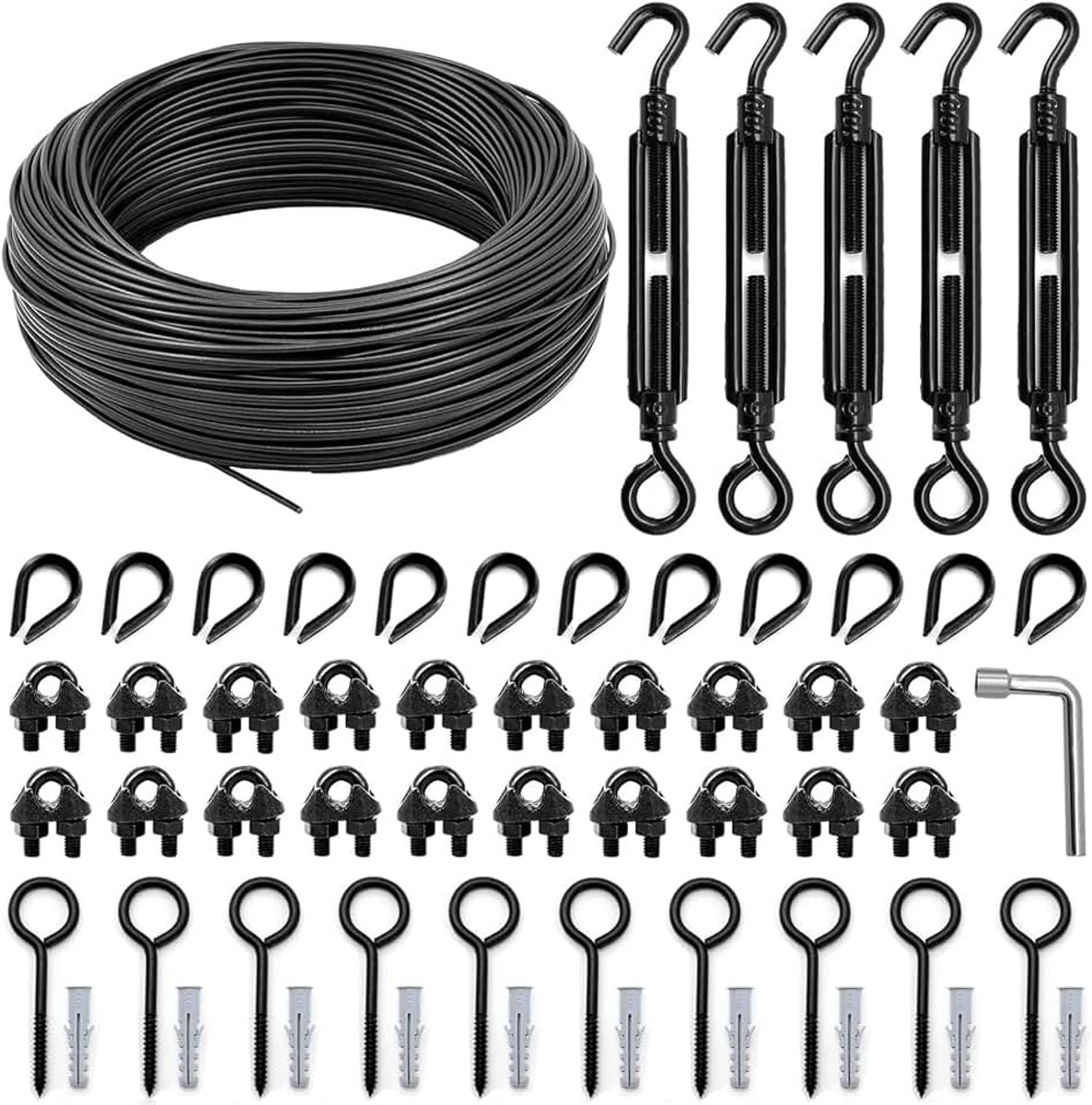 Light Opknoping Kit Outdoor, Globe String Lights Suspension Kit w/100FT Zwart PVC Gecoat Stalen Kabel & Genoeg Accessoires, Gids Draad voor Outdoor String Licht, Patio Licht, Camping