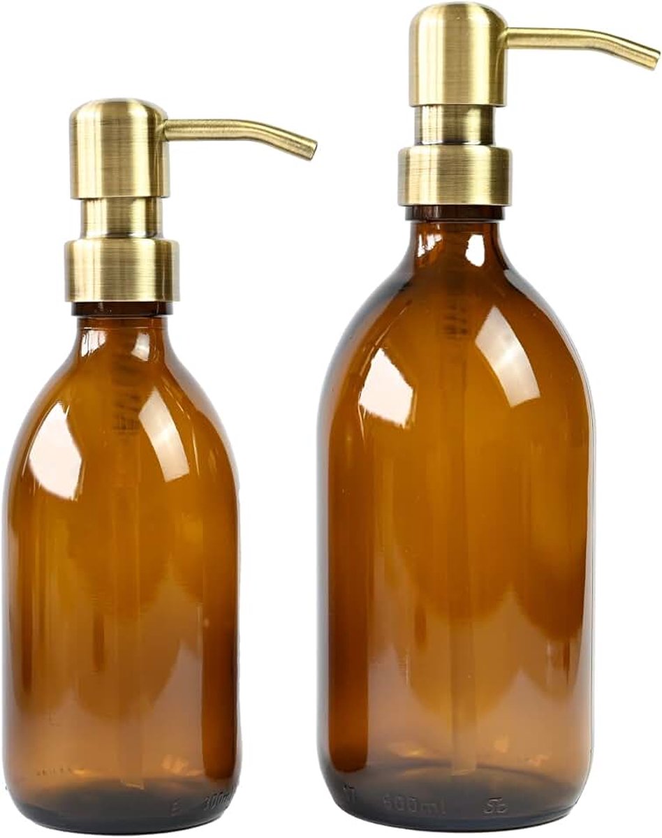 Zeepdispenser met RVS pompkop, Zeeppompjes Set Groot van 300 + 500 ml Bronsgoud