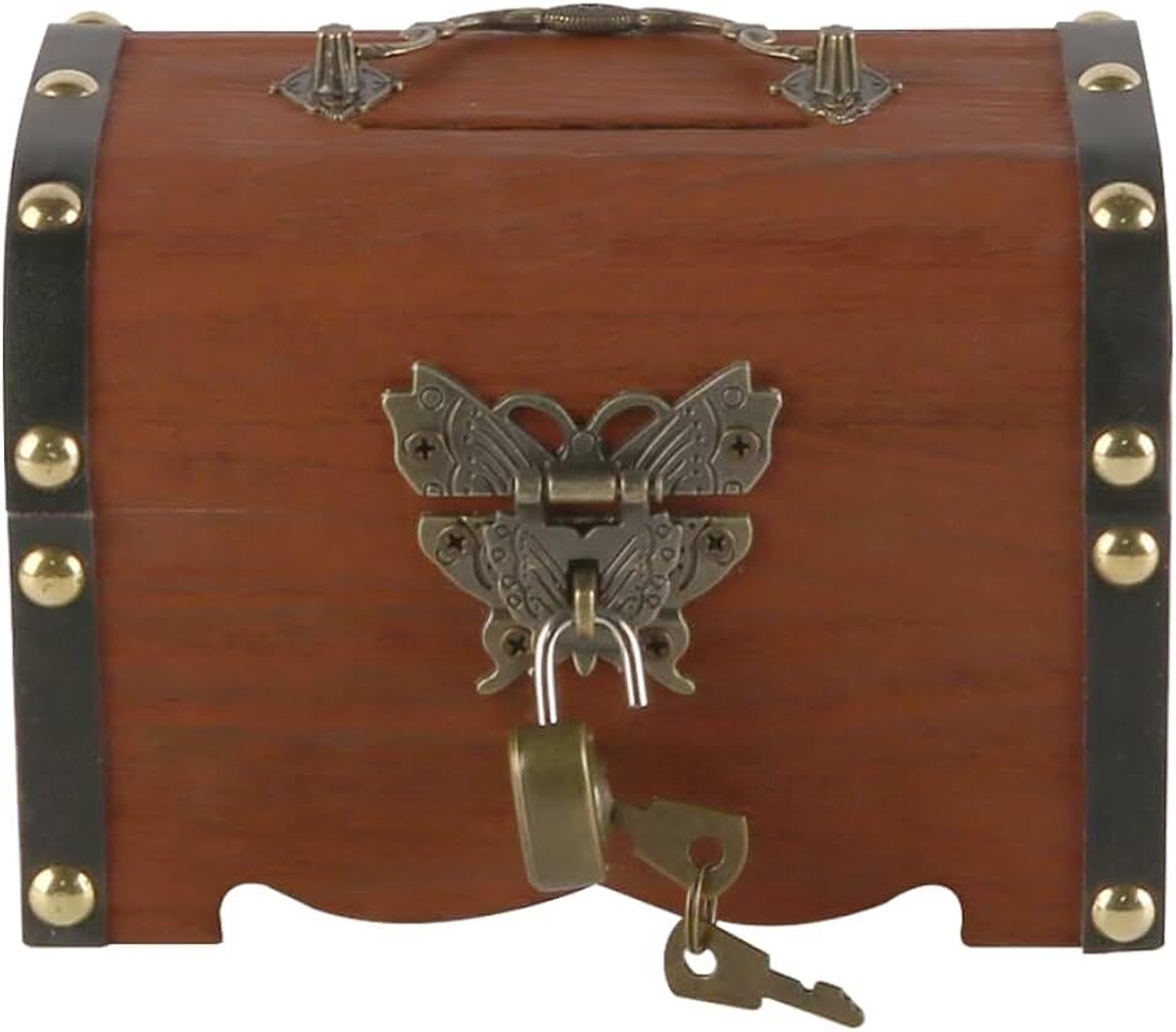 Piraten Schatkist Houten Doos - 14,5x10,5x10cm Afsluitbare Opbergruimte Voor Sieraden Munten Verzamelobjecten Met Antiek Slot En Leren Afwerking
