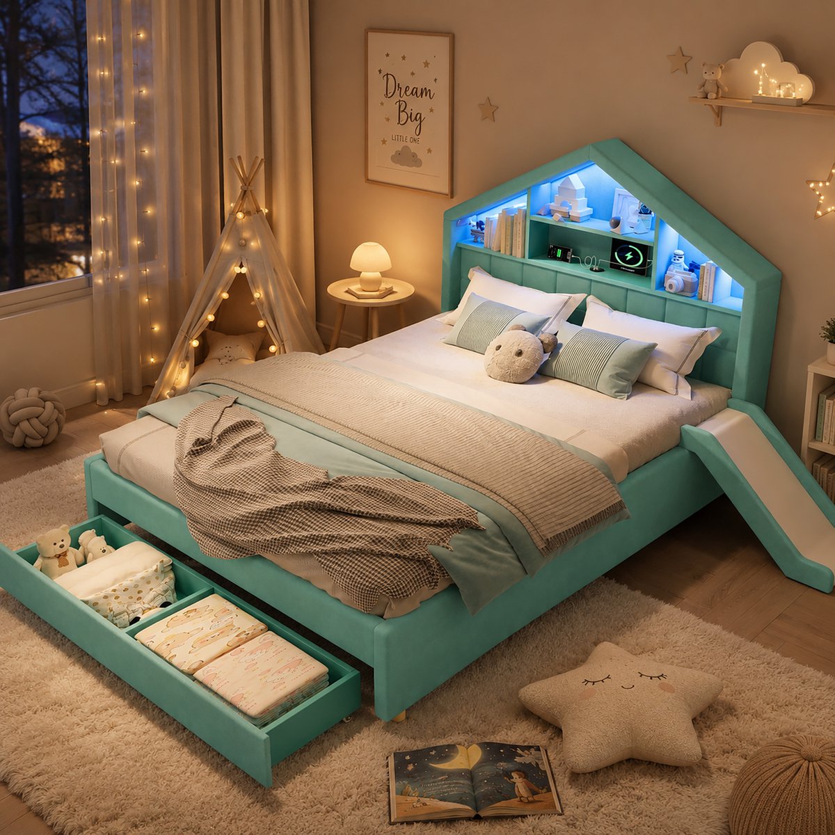 Zubaliya Kinderbed 140x200 cm in blauwgroen, gestoffeerd huisbed met glijbaan links/rechts te monteren, LED-verlichting, oplaadpoort, hoofdeinde-plank en grote bedbodemkast Blauw+Groen