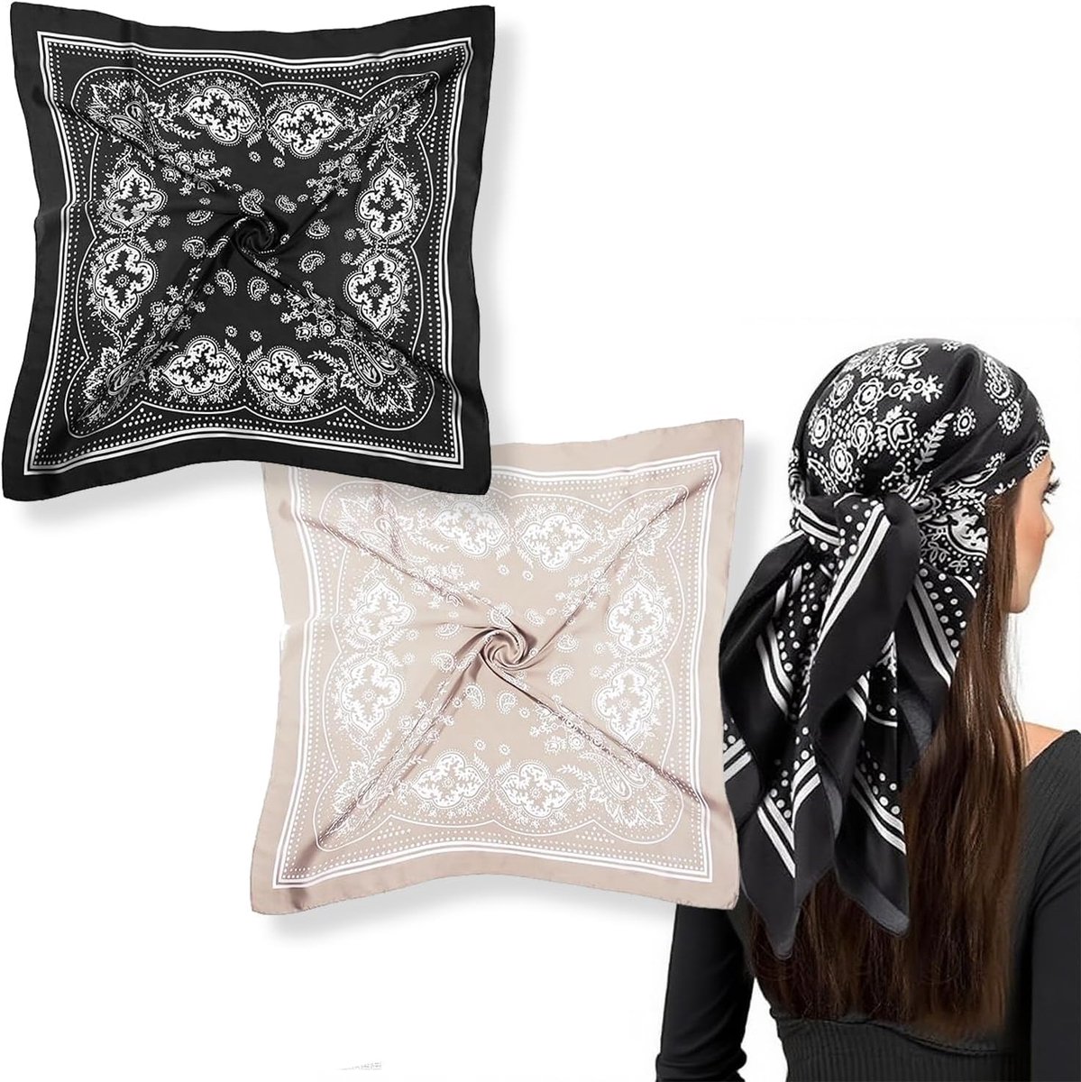 Sjaals, vierkante sjaals, veelzijdig inzetbare sjaal van imitatiezijde, 70 x 70 cm, zwart en camel, om cadeau te geven of te decoreren, 2 stuks, zwart, 70