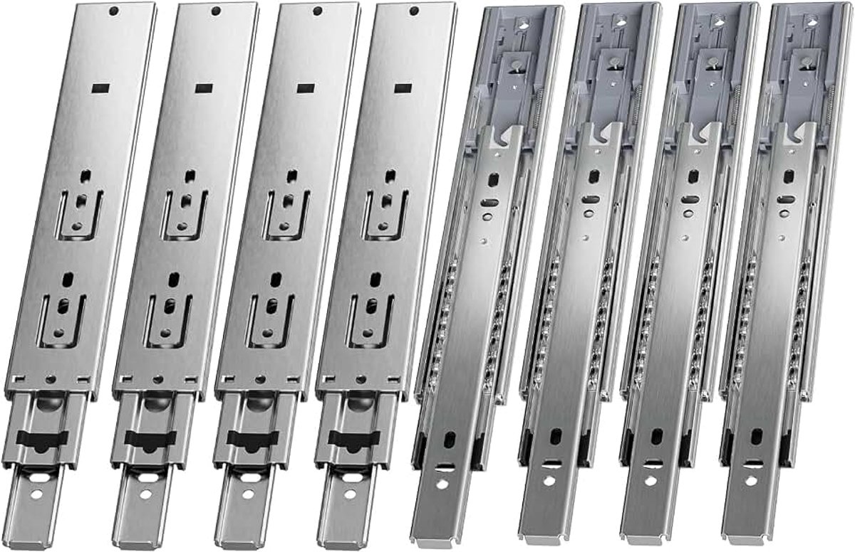 4 paar (8 stuks) laderails 450 mm volledig uittrekbaar met zelfsluitend, kogelgeleiding van verzinkt staal, 45 mm railhoogte, tot 45 kg draagkracht per paar