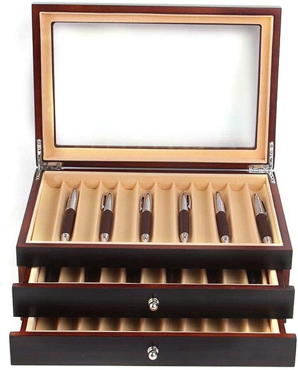Hout voor 34 vulpennen pennen pennen pennenhouder display box organizer box met glazen venster drie niveaus vitrine met laden