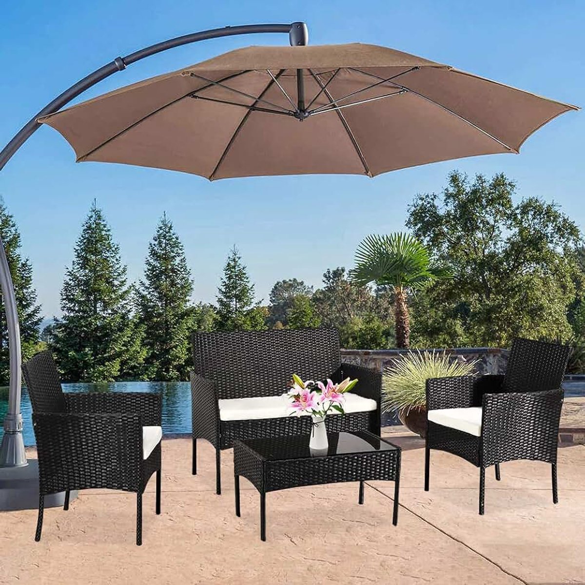 4 stuks rotan tuinmeubilair set patio gesprek set all-weather stoel patio weven rieten bank voor tuin zwembad of achtertuin inclusief 2 fauteuils 1 dubbele stoel bank en 1 tafel