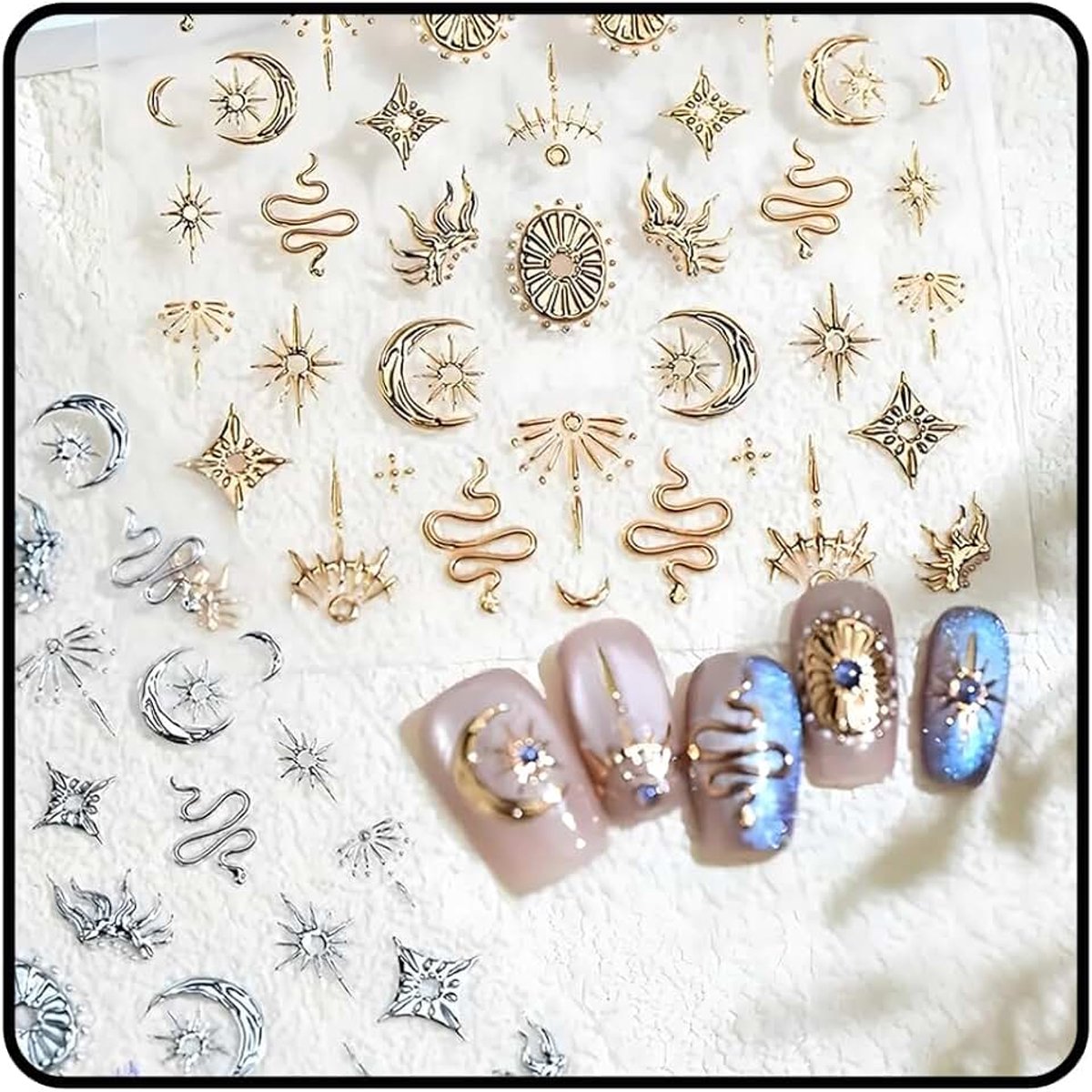 2 Vellen Boho Ster Maan Zon Slang Nagelstickers, 5D Reliëf Nail Art, Zelfklevende Nagelstickers voor DIY Nagelkunst Decoratie