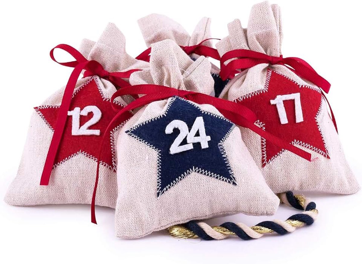 Adventskalender om te vullen, stoffen zakjes, cadeauzakjes met cijfers, kerstkalender DIY van pajoma