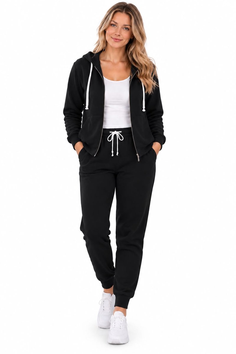 Dames Pluchtige Fleece Lounge Set-Dames-Hoodie met capuchon-Rits-Joggingpak-Huispak-S/M(36/38) NGHP-W26002 Zwart