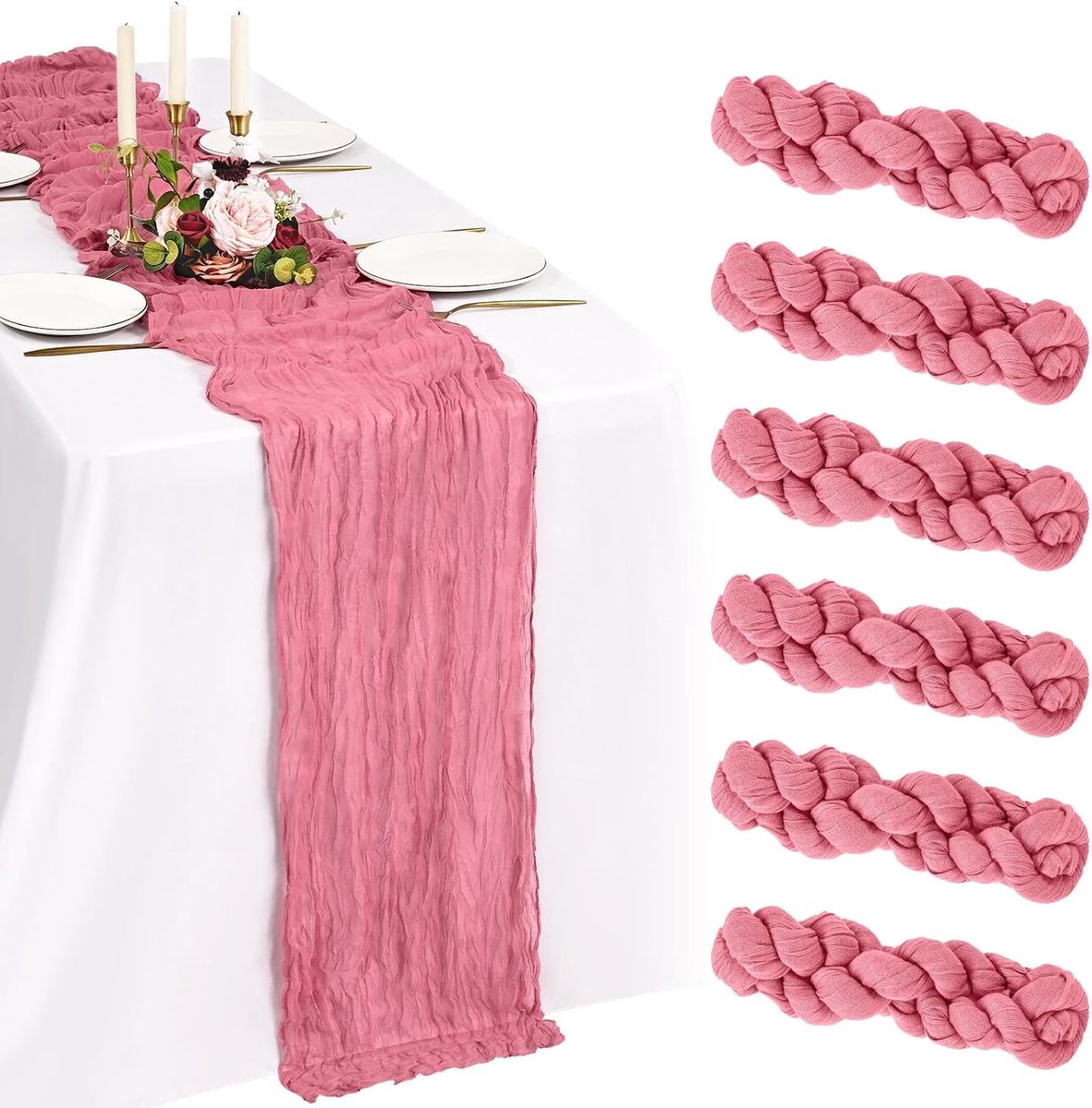 6-Pack Stoffige Roos Kaasdoek Tafelloper 10FT Boho Gaas Kaasdoek Tafelloper Wasbare Romantische Rustieke Tafeldecoratie Voor Bruiloftsfeest Verjaardag Vakantiehuis (55x300cm)