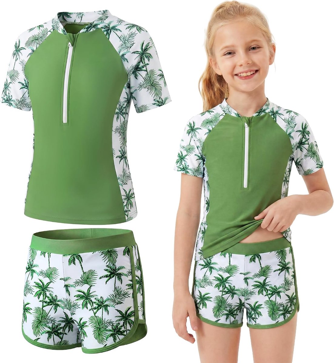 badpakken voor meisjes: zwempak met korte mouwen en korte broek, tweedelig badpak met bloemenpatroon, sneldrogend, topjes met halve rits + zwembroek, 2-delige set zwemkleding voor 5-14 jaar