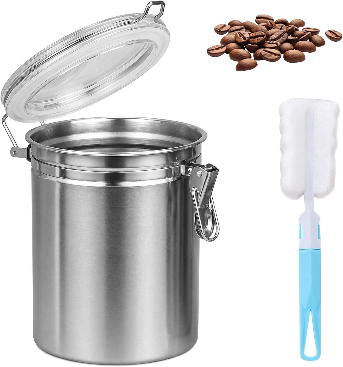 1800 ml koffiepoederhouder, roestvrij staal met deksel, luchtdichte container voor koffiebonen, inclusief reinigingsborstel, kan ook worden gebruikt voor het bewaren van thee, cacaopoeder en