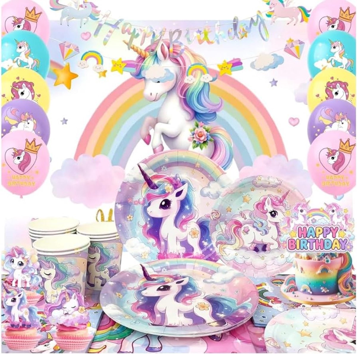 Eenhoorndecoratie voor kinderverjaardag, feestservies voor 10 gasten, papieren borden, servetten, feestservies voor decoratie meisjes