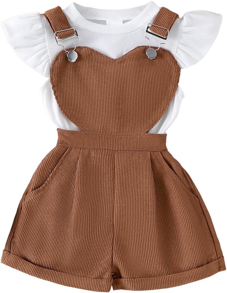 Zomeroutfits voor babymeisjes, met ruches, korte mouwen, geribbelde top, bloemen/hartpatroon, overalls, shorts met zak, schattige 2-delige kledingset