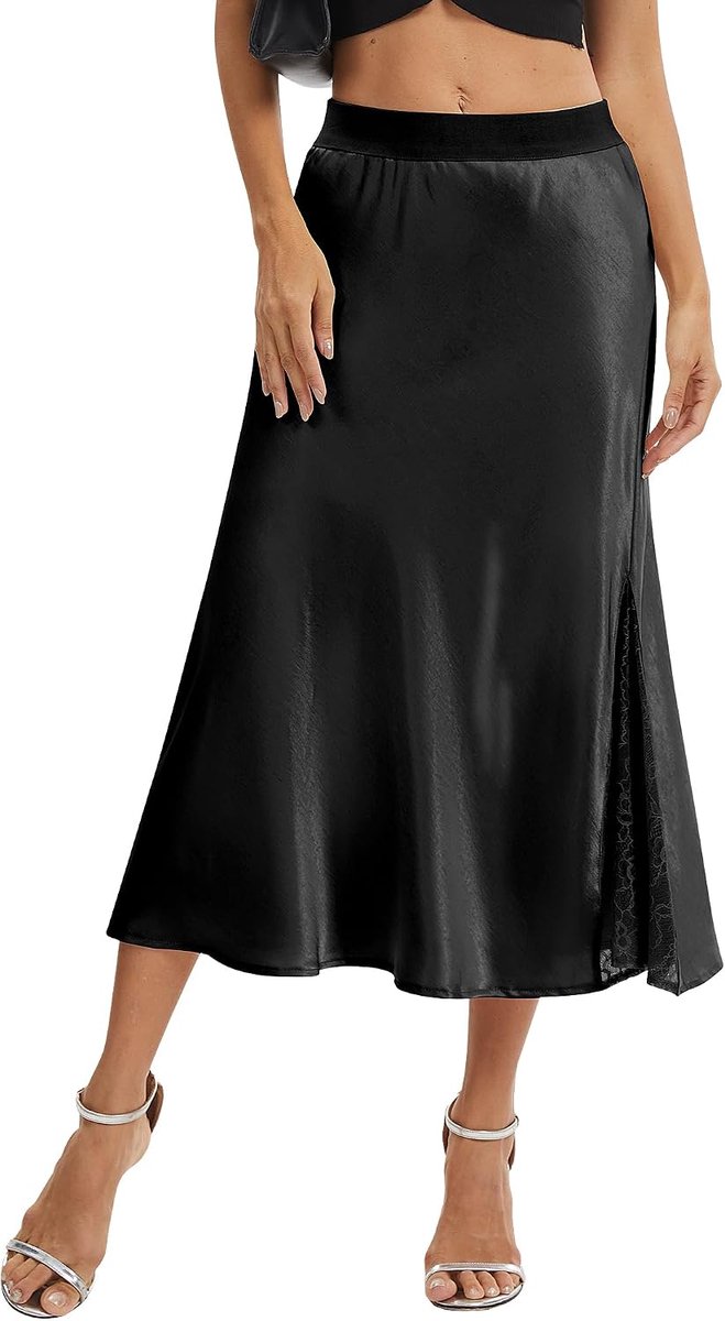 Satijnen rok lang elegant A-lijn midi-rok, hoge taille zijdezachte rok voor bruiloft, feest, zakelijk