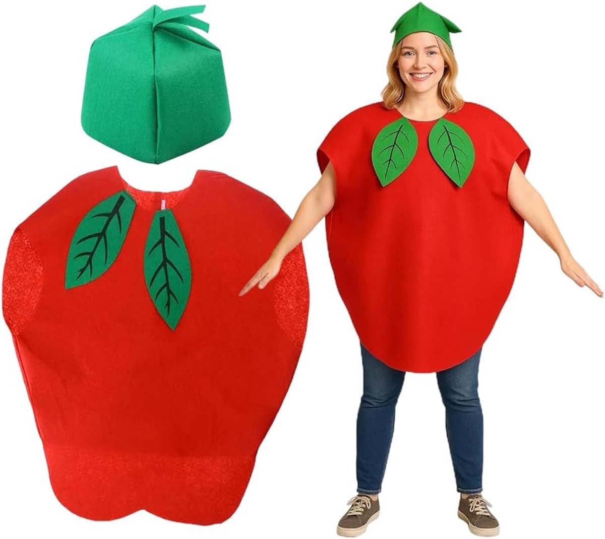 Fruitkostuum, outfit, uniseks fruitkostuumbundel voor volwassenen, leuke fruitverkleding met hoofddeksel met blad, fruit cosplay kostuum voor maskerade
