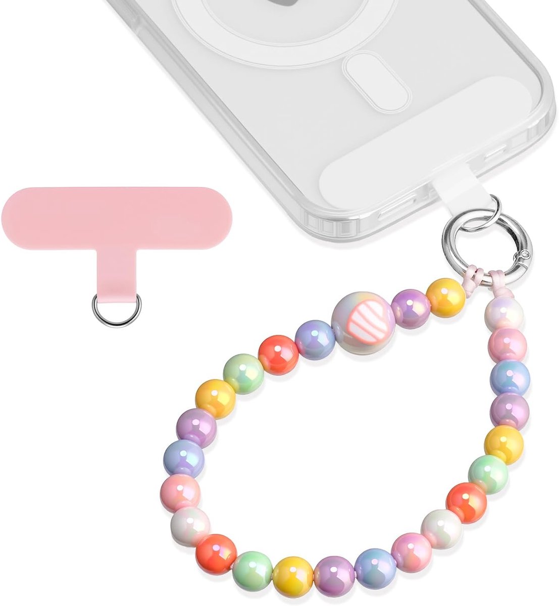Mobiele telefoonband met kleurrijke parels, universeel koord, afneembare telefoonband voor alle smartphones, 2 patches (kort)