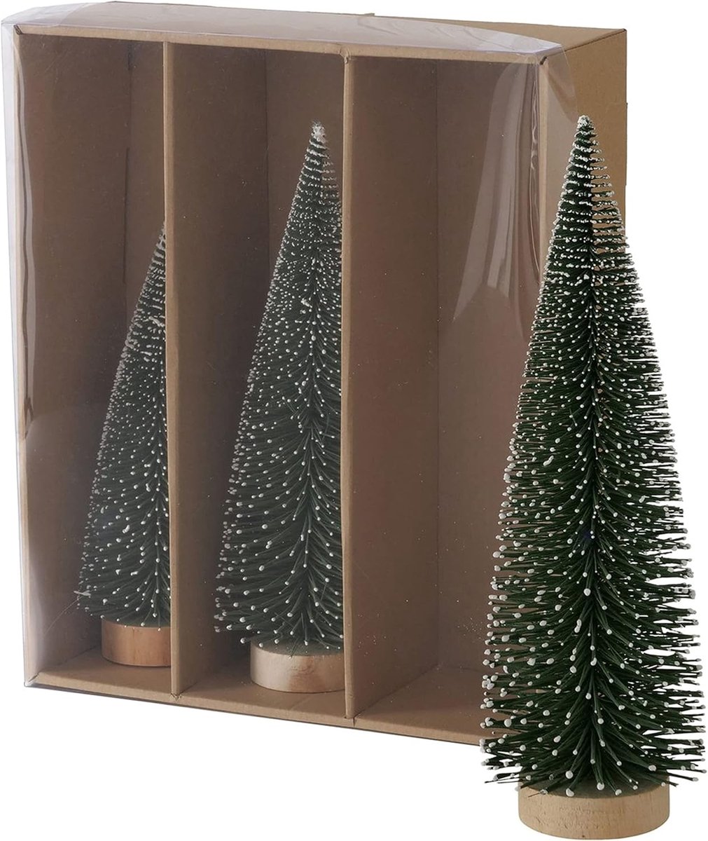 Tarvo, 3-delige decoratieve staander, hoogte 22-32 cm, 3 maten, groene decoratieve dennenboom met sneeuw, kerstdecoratie, woonkamer, eettafel, advents-decoratie om neer te zetten
