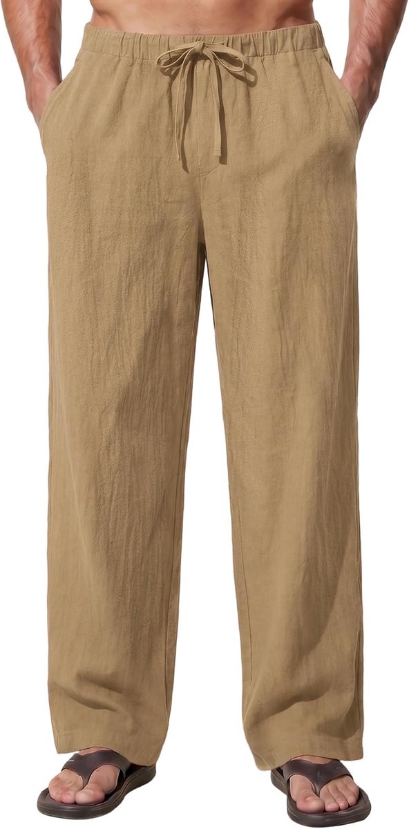 Linnen broek voor heren, lange, lichte zomerbroek, casual vrijetijdsbroek met trekkoord, losse pasvorm, broek met zakken, strandvakantie, maten S-2XL