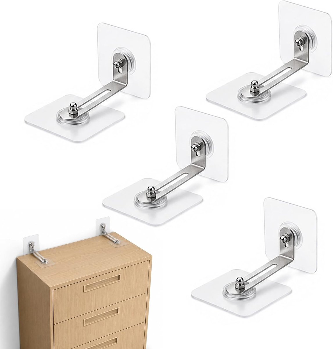 4 stuks kantelbeveiliging voor meubels, wandbevestiging zonder boren, meubel-wandanker, kantelbescherming, meubels, muuranker, voor kast, rek, commode, belastbaarheid, babyveiligheid