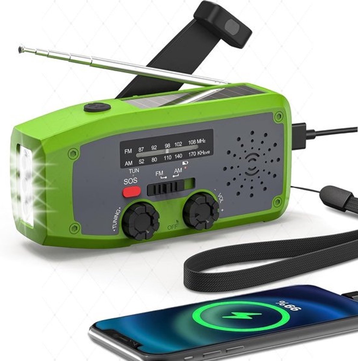 Noodweer Radio met Zwengel, LED Lamp, SOS Alarm en Oplaadbare 2000 mAh Batterij