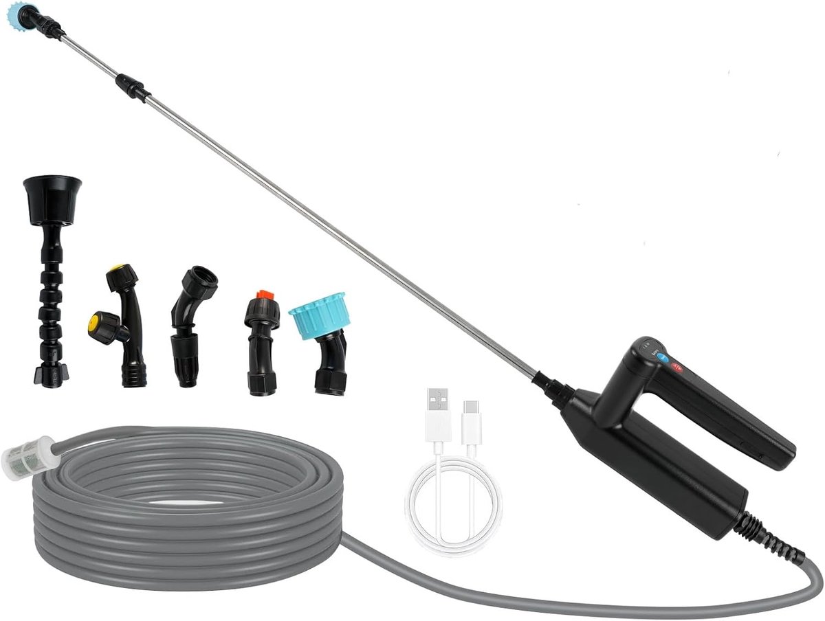 Plantensproeier, accu-drukspuit met 3 sproeisnelheden, oplaadbare USB, 8 m slang en 60-110 cm uittrekbare sproeibuis, 4 sproeiers, 1 sproeikop, geen waterreservoir