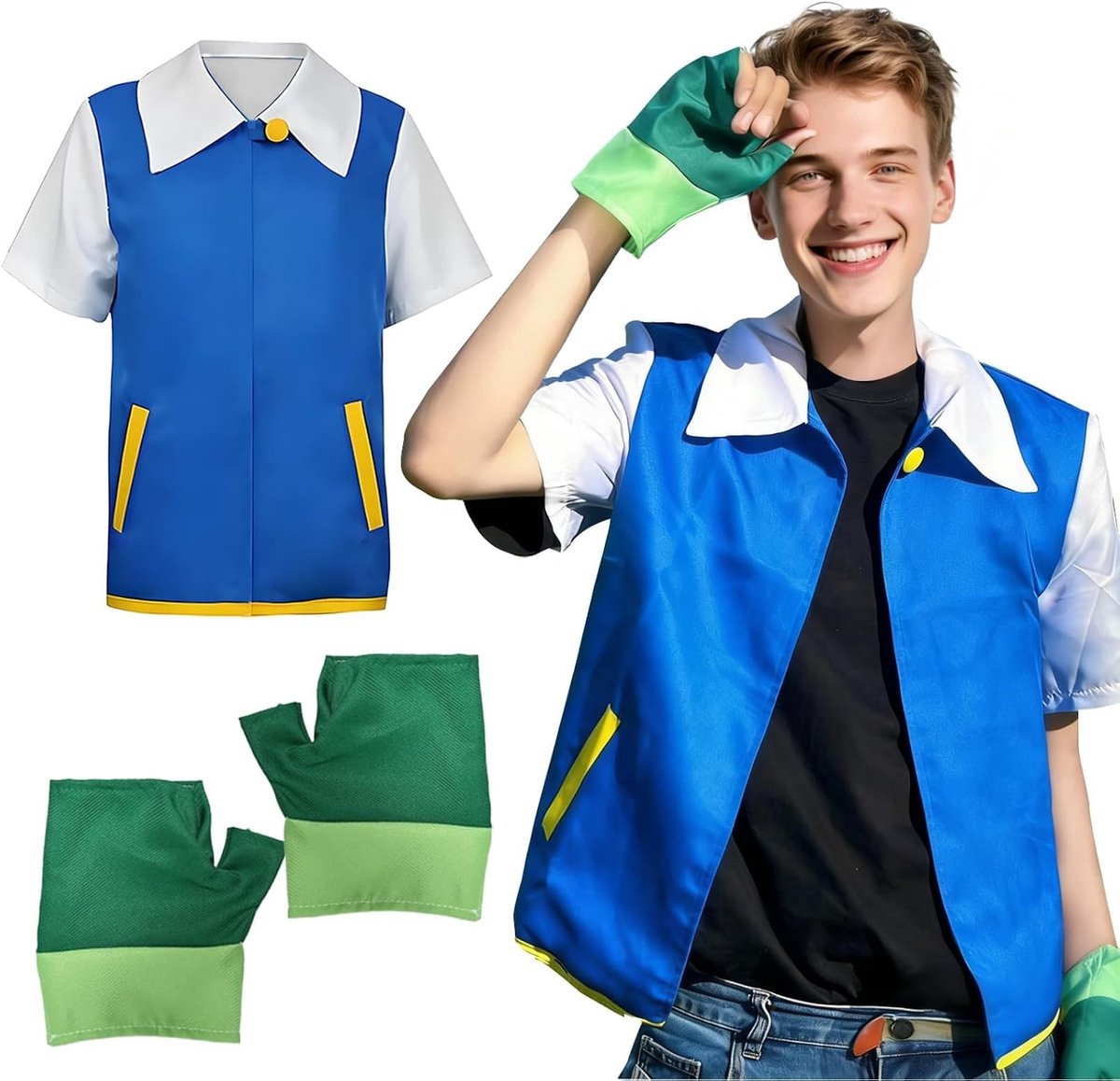 Blauwe jas en handschoenenset, klassiek anime-kostuum, cosplay kostuum voor heren en dames, voor Halloween, carnaval, podiumoptredens, dagelijkse kleding