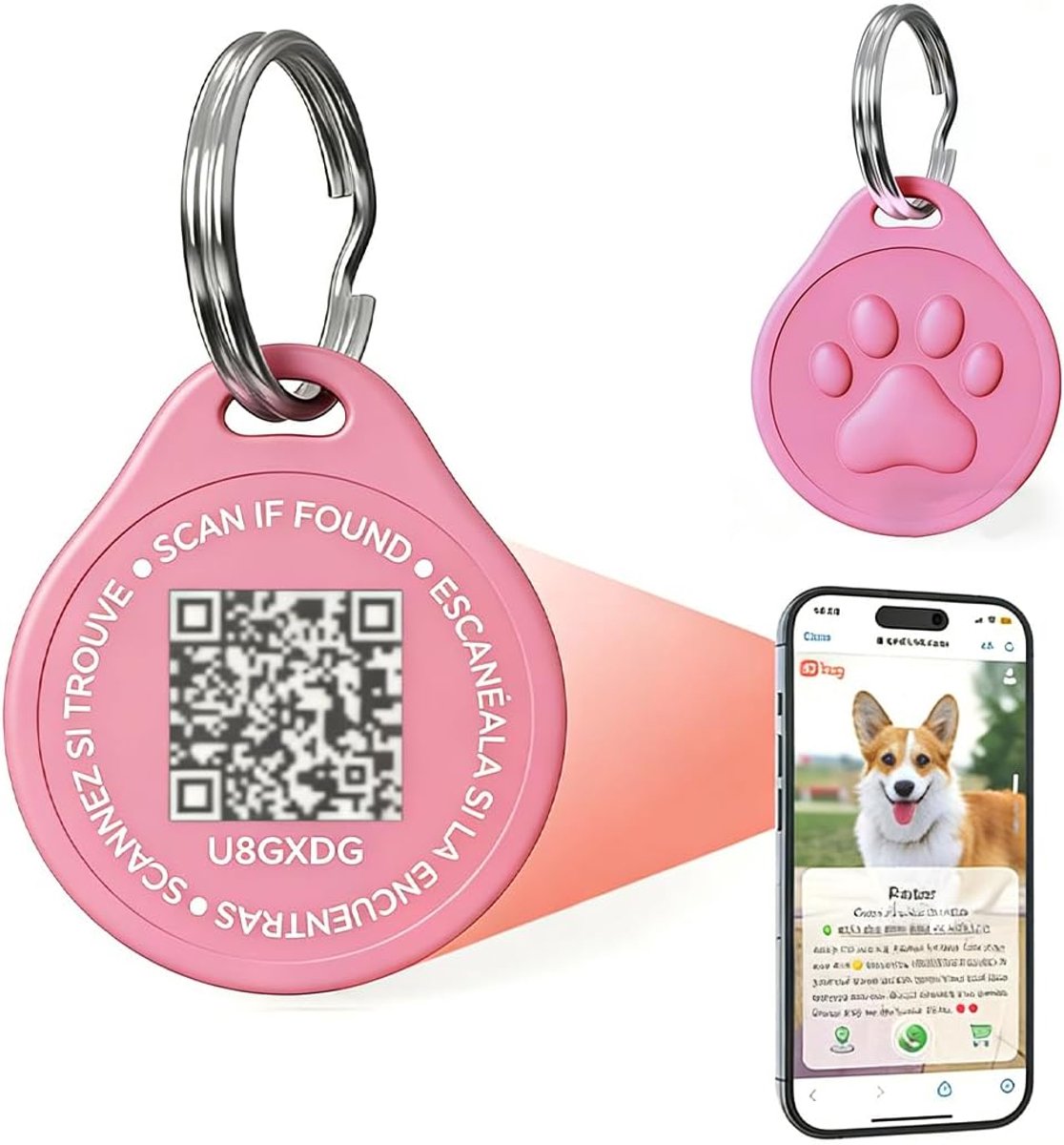 Anti-verliespenning, huisdierpenning voor katten en honden, met gepersonaliseerde gegevens (roze).