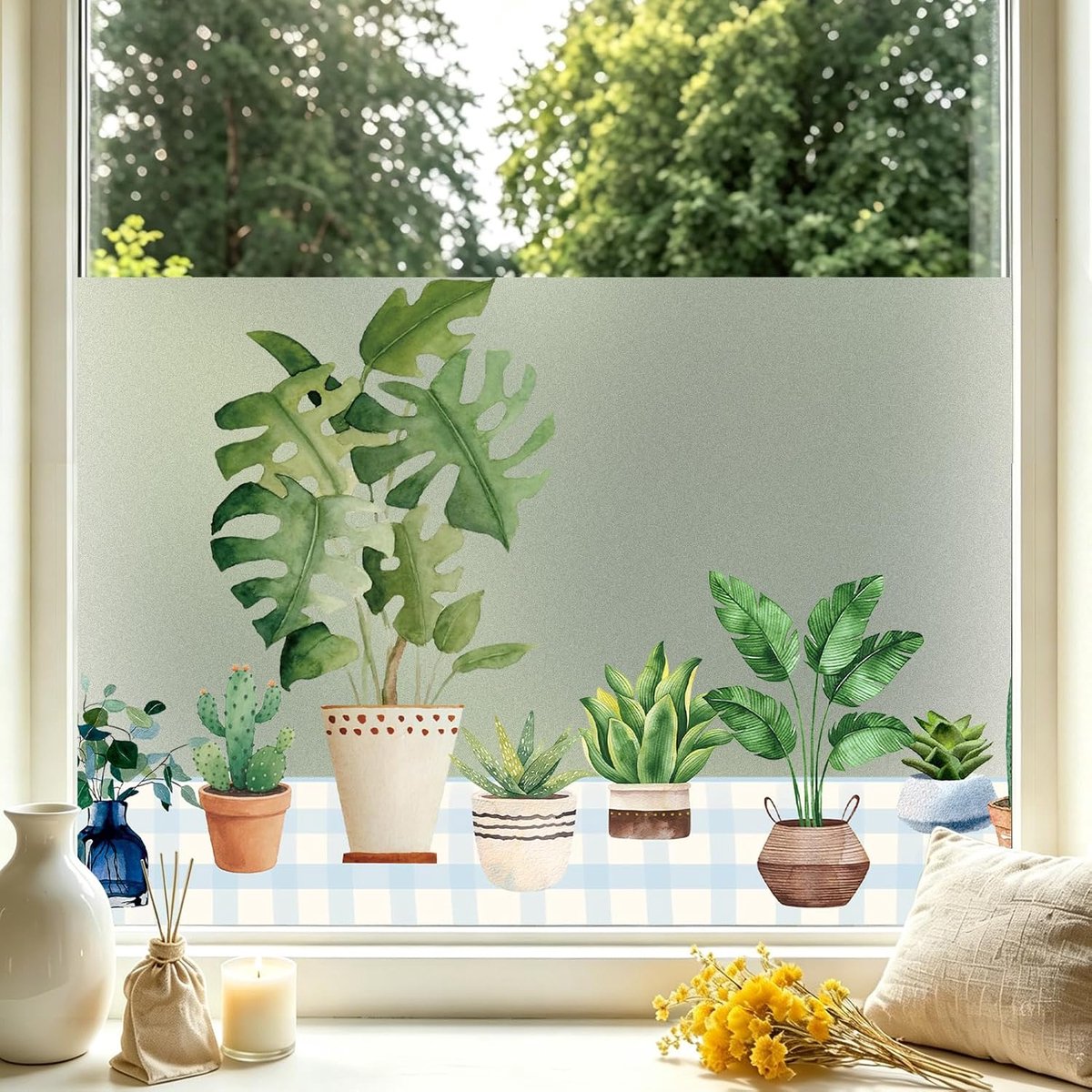 Dktie Statische hechtende raamfolie, matte privacyfolie met kleurrijk potplantenpatroon, anti-uv, niet-verblindende zonwerende folie, raamsticker voor woonkamer, keuken, kantoor, 89 x 200 cm