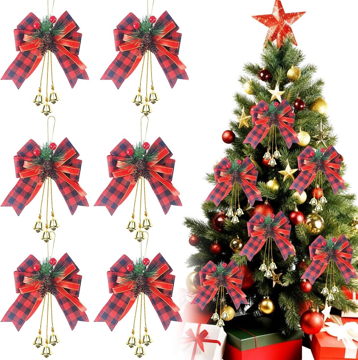 Strikken voor Kerstmis, kerstboomversiering met dennenappels, belletjes, hangende kerststrikken voor geschenkverpakking, slinger, open haard, kerstboomdecoratie