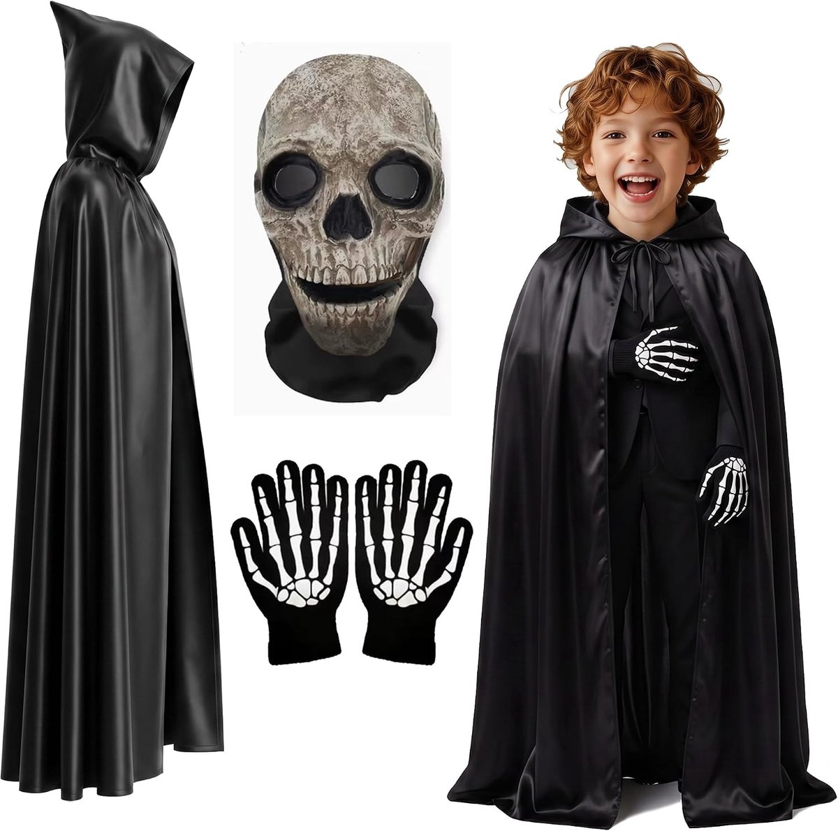 Cape met capuchon, set van 4, Halloween-cape voor volwassenen met skelethandschoenen en Halloween-gezichtstatoo en littekentatoeages, vampiercape voor Halloween, cosplay, carnaval