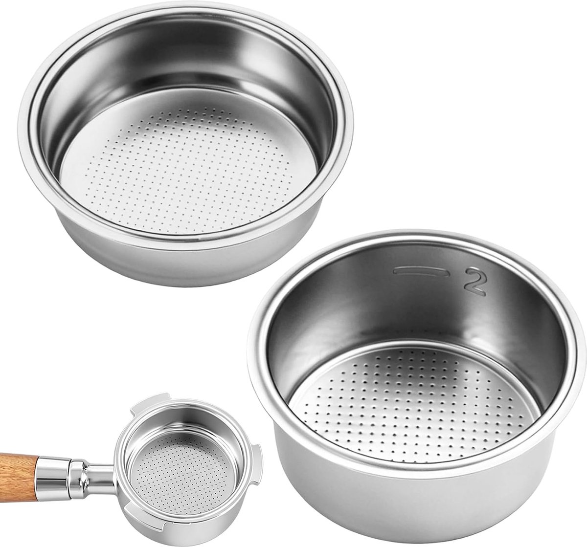 2 stuks filtermand roestvrij staal 51 mm, 51 mm koffiezeef roestvrij staal, 1 en 2 kopjes espresso koffiefilter, filtermand filterhouder, compatibel met thuis, kantoor en café