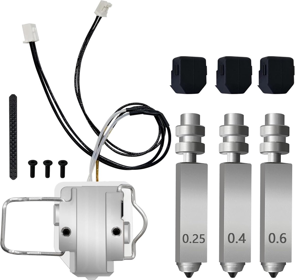 3 stuks 0,25 mm 0,4 mm 0,6 mm Kobra X mondstuk en 1 stuk verwarmingselement geïntegreerd gehard stalen mondstuk extruder printkop kit voor Anycubic Kobra X met 3 siliconen beschermhoezen en 1 mondstuk