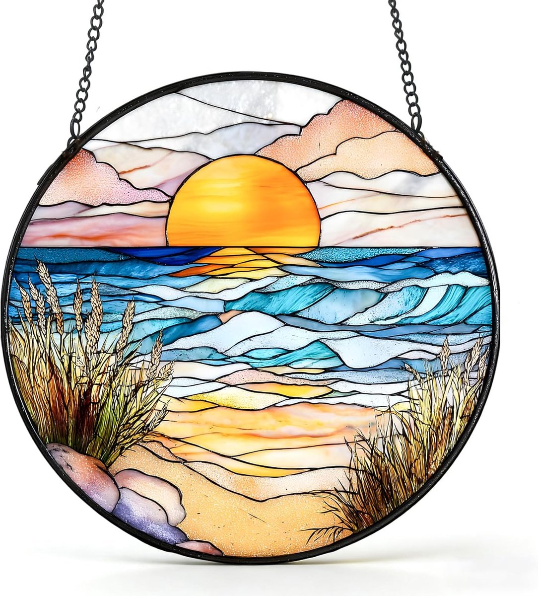 Zonnevanger, raam, zonsondergang boven de zee, gebrandschilderd glas, hangdecoratie met metalen ketting, kleefhaken, boho-decoratie, raamdecoratie, hangende decoratie voor tuin, balkon, woonkamer, 20