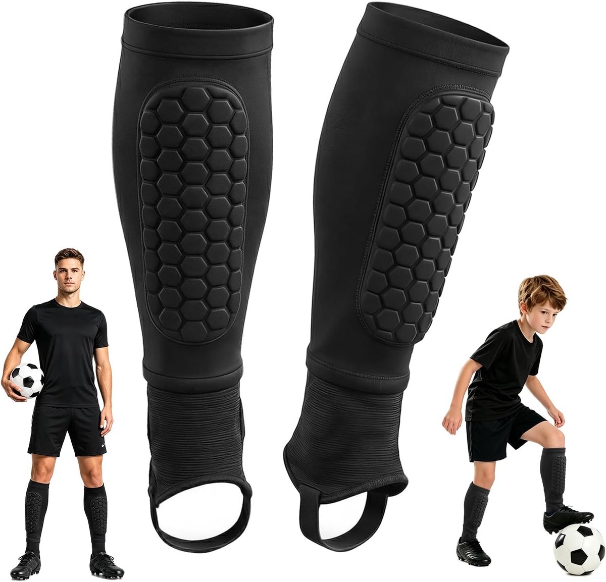 Scheenbeschermers met enkelbescherming, scheenbeschermers voetbal, heren, scheenbeschermers, ademend, antislip, honingraatstructuur, voetbalbescherming voor jongens, jongeren en volwassenen