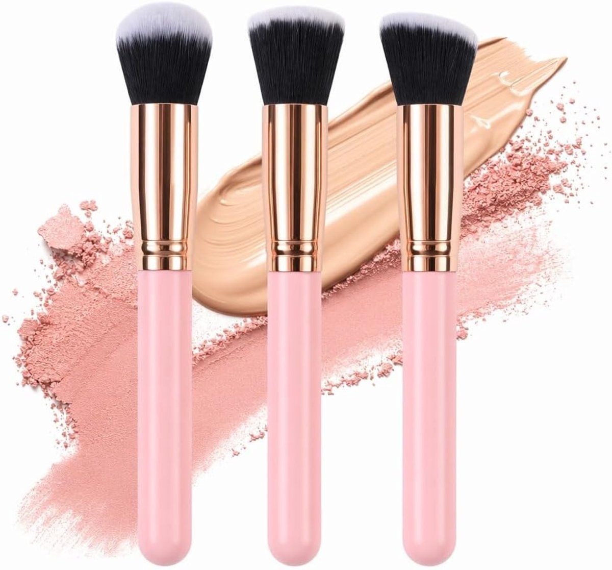 3-delig, foundationkwasten, make-upkwast, poederkwast, blushkwast, flat top, kwastenset, make-up voor gezicht, make-up kwasten & accessoires, roze