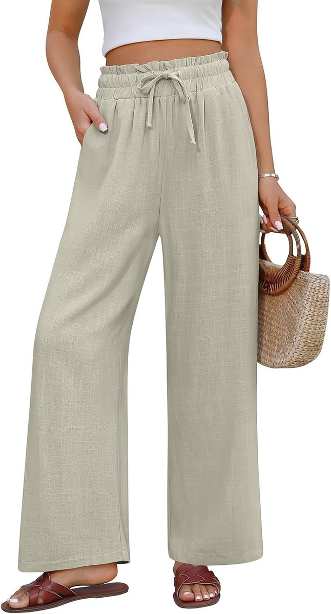 Zomerbroek voor dames, van katoen en linnen, elegant, elastisch, hoge taille, licht, comfortabel, los, met zakken
