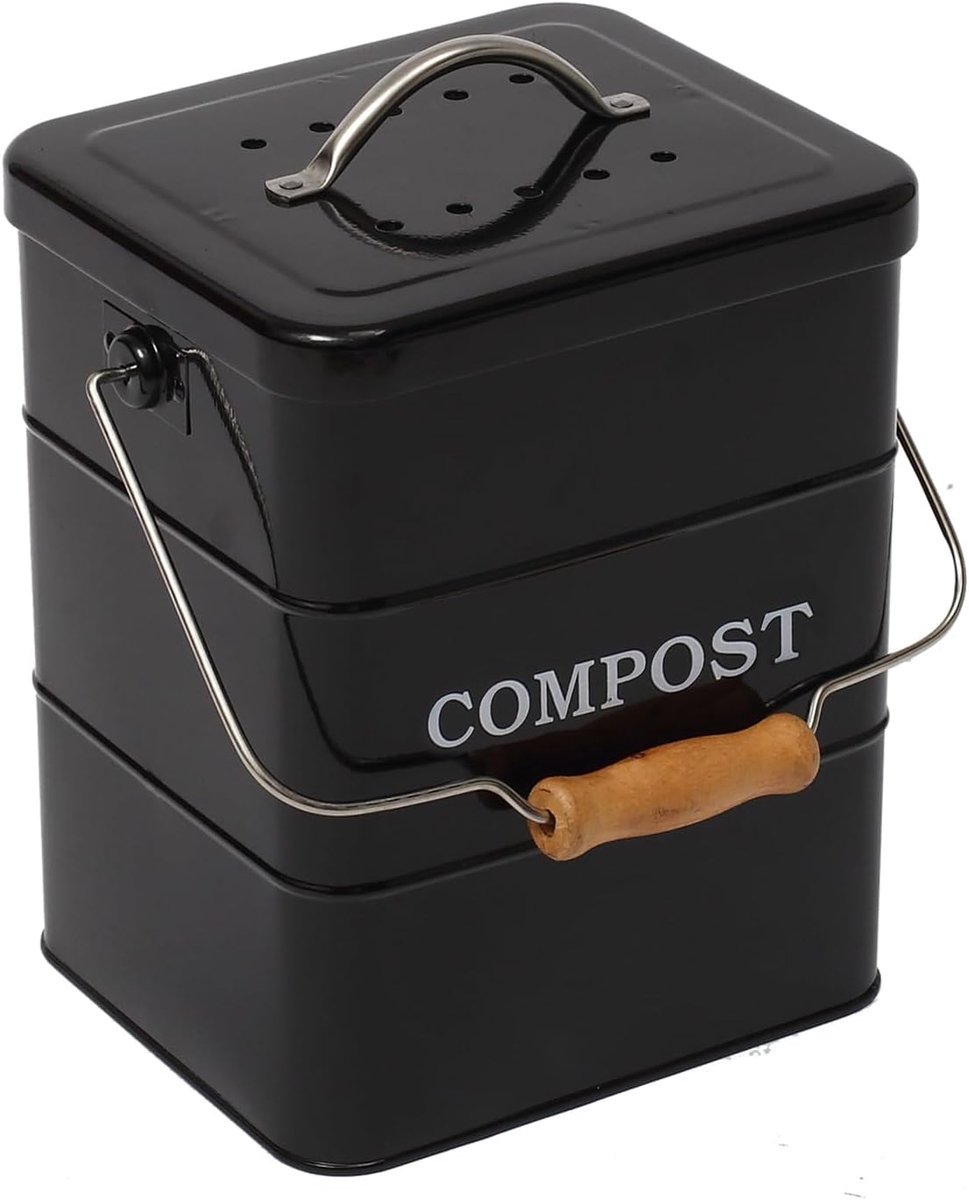 Compost Bin voor Keuken Aanrechtblad, Geweldig voor Voedsel Scraps, Koolstofstaal, Handgrepen, Wit, 1 Gallon - Inclusief Houtskoolfilter