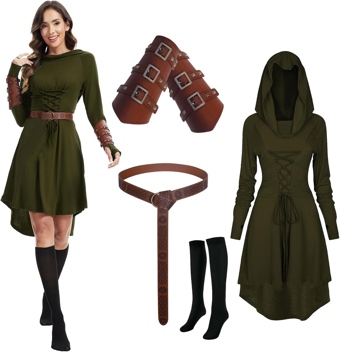 Kledingset voor dames, renaissance, capuchonjurk, set met armbeschermers, riem, kousen, Halloween, gothic, capuchonjurk