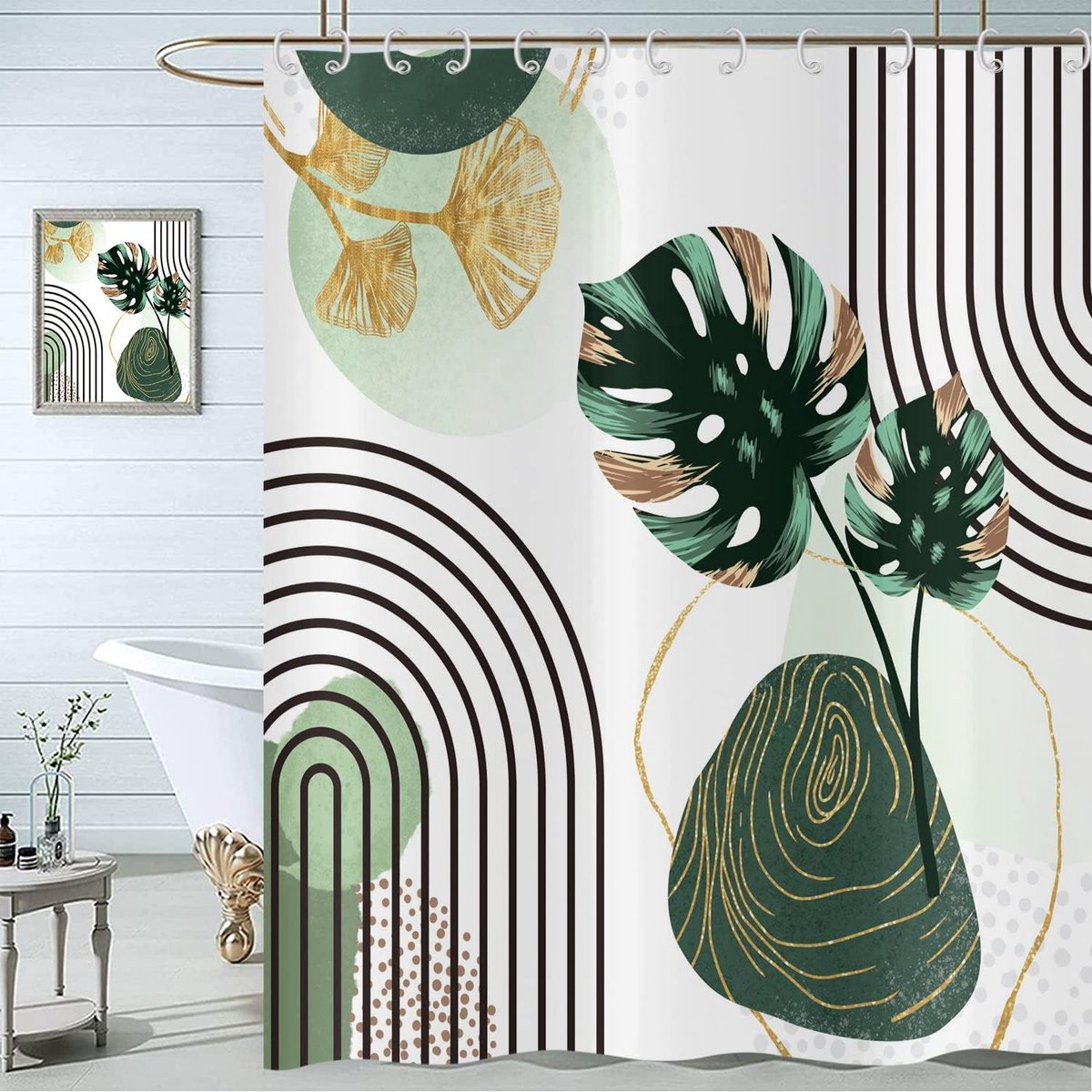Douchegordijn, Hnmdmyi Mid Century Abstract groene tropische bladeren badkamer gordijnen moderne geometrische minimalistische esthetische kunst waterdicht polyester stof wasbaar badgordijn met