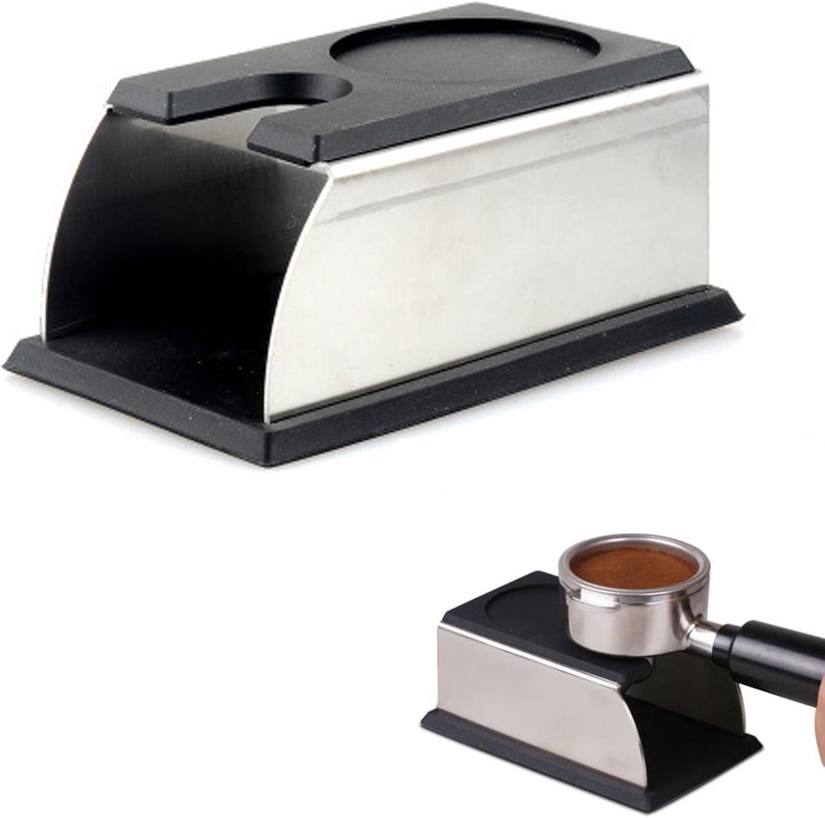 Houder voor koffiezetapparaat, houder voor koffiemolen van roestvrij staal en siliconen voor zeefhouder, barista-accessoires voor beginners en professionals (zwart)