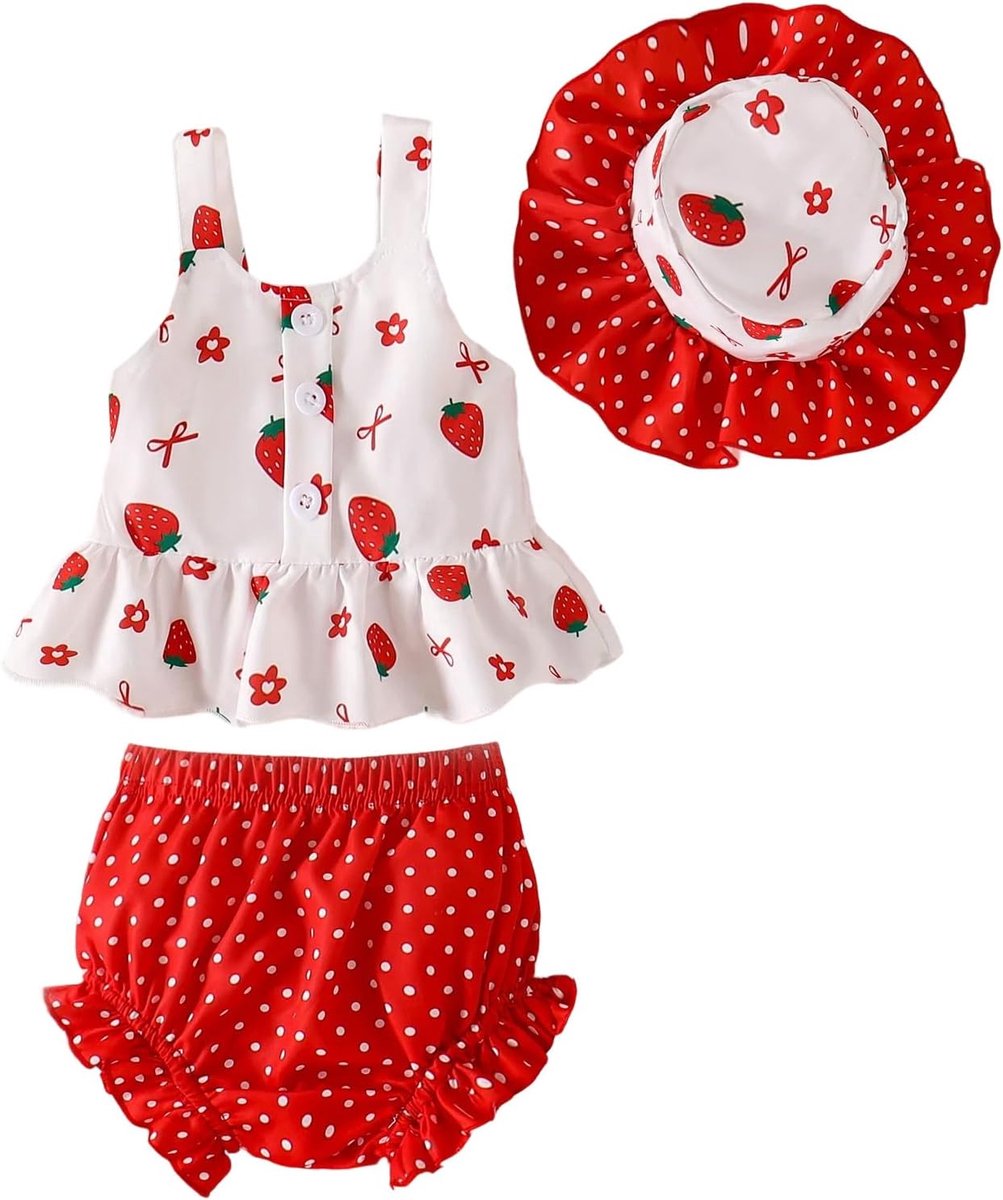Babykleding voor meisjes, bovendeel met aardbeienpatroon, gestippelde shorts en hoed, zomeroutfits