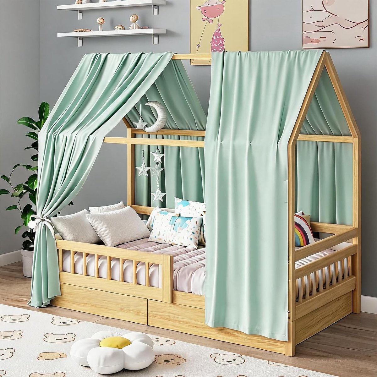 Hemel, licht katoenen hemelbed, gordijnen met 2 stuks bedhemel, bedhemel, huisbed, huisbedden, meisjes, jongens, baldakijn, kinderkamerdecoratie