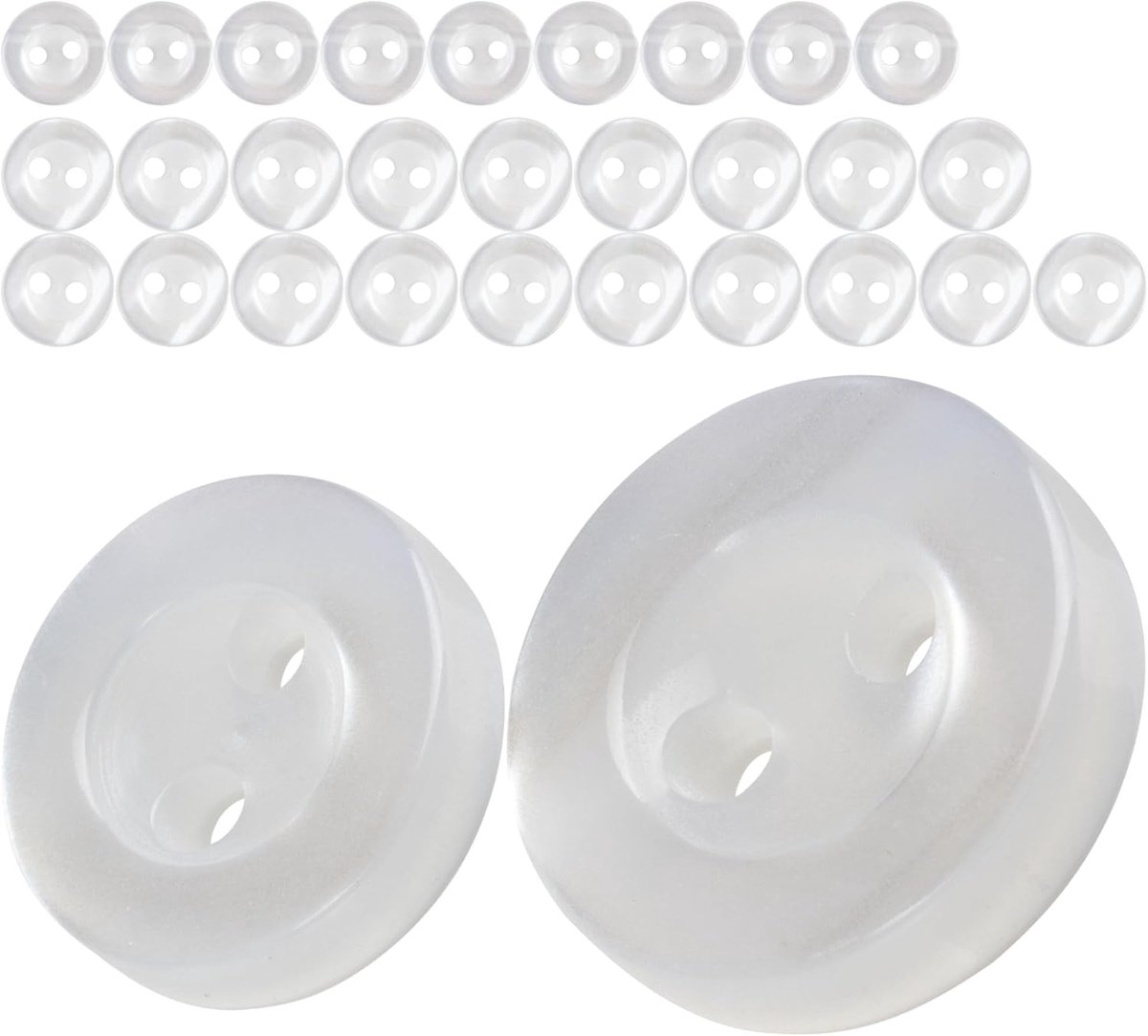 Knopenset voor overhemden en blouses, 30 stuks, 2 gaten, Ø 11 + 8 mm, transparant, van hars, maat 18L + 14L, harsknopen voor jas, mantel, hemd, blouse, poloshirt, doe-het-zelf knoop kunsthars,