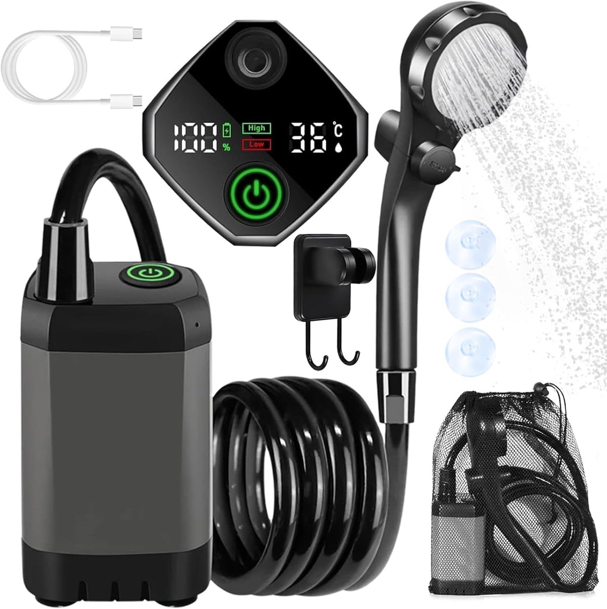 Trekkingdouche met Pomp en Digitale Display, Draagbare Douche met 6000mAh Batterij, 2 Waterstroomstanden, voor Outdoor, Autowassen, Dieren en Tuin